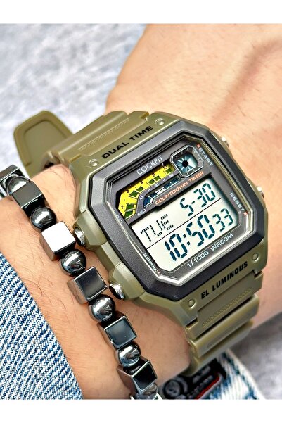 Cockpit ساعة يد رجالية مقاومة للماء بحزام فولاذي موديل مربع باللون الأخضر + س...