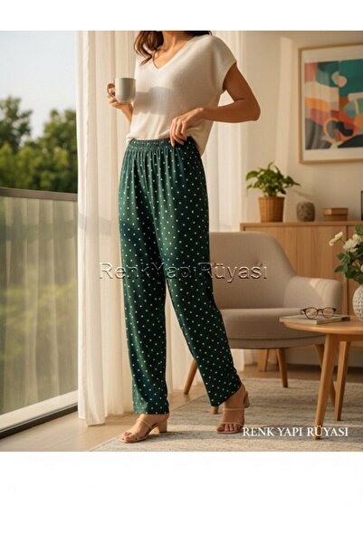 RENK YAPI RÜYASI Women's Green Polka Dots 46% Bamboo Sandy Fabric Straight Le...
