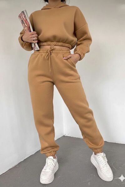 NO 601 Women's Camel Hooded Crop Sweatpants Set