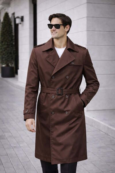 BASEL.CO Men's Modern Fit Trench Coat - Belted, Double Breasted, Timeless Design
