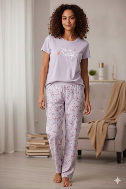 FAMES PİJAMA Women's Lilac Short Sleeve Stretch Fabric Viscose Summer Pajama Set