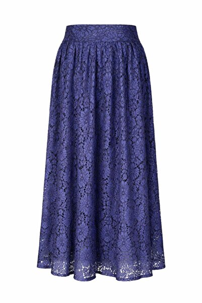 Eight Fashion Women's Navy Blue High Waist Lined Gathered Flared Lace Skirt