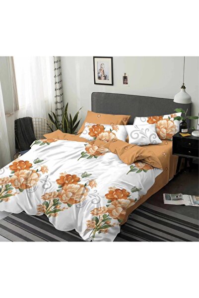 OEM Double bed linen, Non-iron, 6 pieces, Orange blue floral pattern