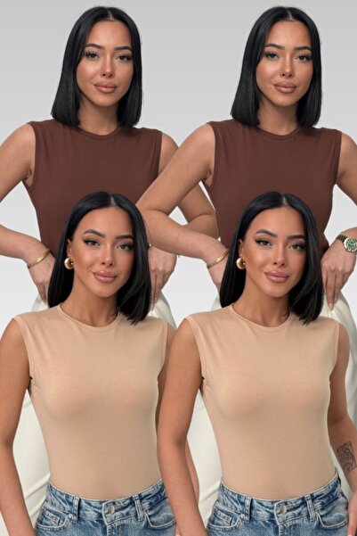 Lunamiratto Women's 2 Brown 2 Black Crew Neck Cotton Sleeveless Bodysuit Zero...