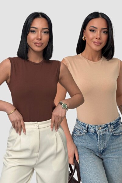 Lunamiratto Women's Cotton 2-Pack Beige, Bitter Brown Crew Neck Sleeveless Bo...