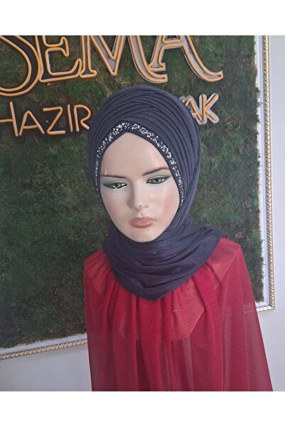 semahazırduvak Koyu Lacivert Simli Şerit Detaylı Model hazır türban hazır şal...