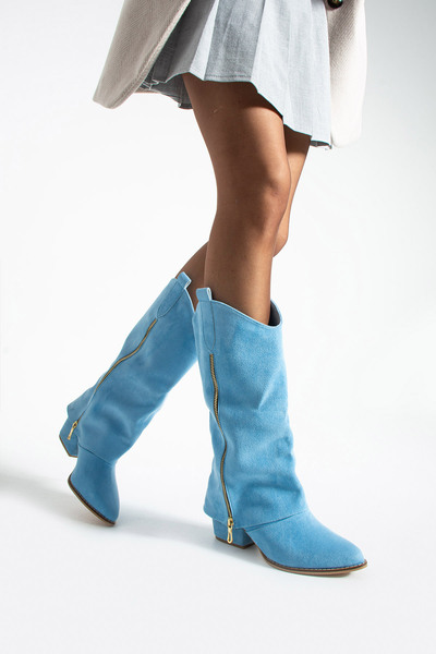 irmona Diva Baby Blue Suede Boots with Zipper Detail and 6 cm Heel