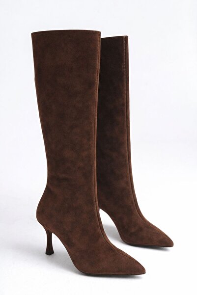 LDR Women's Brown Suede Thin Heel Pointed Toe Below the Knee Boots