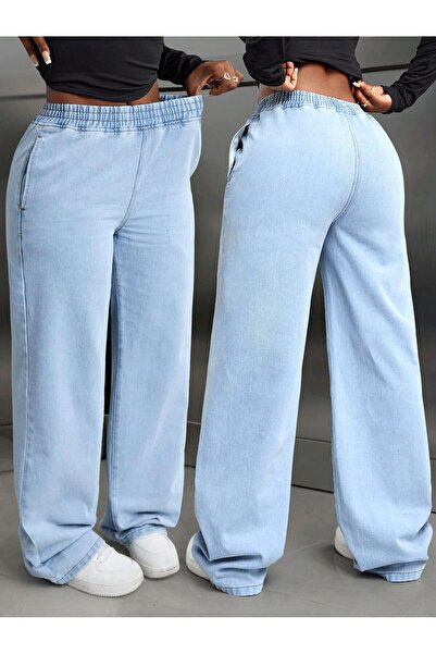 circle Women's Light Blue Elastic Waist Wide Leg Denim Pants