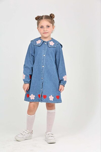 Butik Kız Çocuk Çiçek & Kalp Detaylı Kot Elbise – Uzun Kollu, Düğmeli, Rahat ...