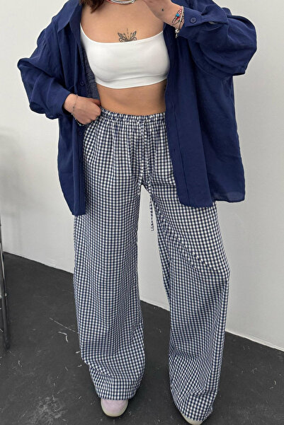 İlayda Toprak Sofıra Plaid Wide Leg Navy Blue Sweatpants