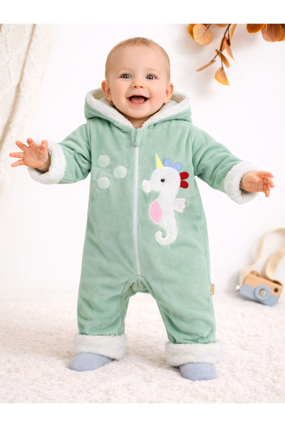 Nehad Bebe Kız Bebek Welsoft Tulum Kapüşonlu İçi Astarlı Denizatı Detaylı Fer...