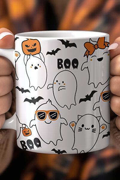 YasBey DESIGN Sevimli Halloween Hayaletleri Tasarımlı 330ml Baskılı Beyaz Ser...