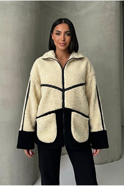 ALFUDO Moda Collection Women's Cream Black Plush Fleece Jacket