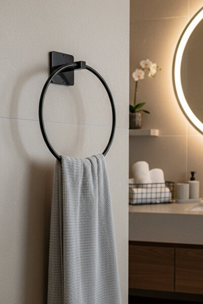 UFİX Yapışkanlı Siyah Yuvarlak Havluluk Banyo Mutfak Havlu Askılık