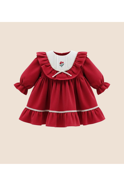 Limonlu Pamuk Kız Bebek Kırmızı Kadife Elbise %100 PAMUK