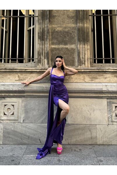 Modafeminen Mor Heart Neckline Off-The-Shoulder Straps Glop Slit Fish Long Ma...