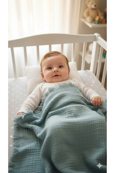 Kidaxi بطانية موسلين مزينة بالشراشيب 105x110 باللون الأزرق