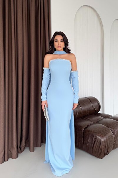 Serica Moda Rochie de seară cu mâneci false, cu detaliu de perle albastre, cu...