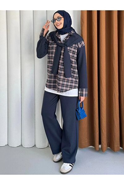 DEFNECE BUTİK Scarf Detailed Double Suit - Navy Blue