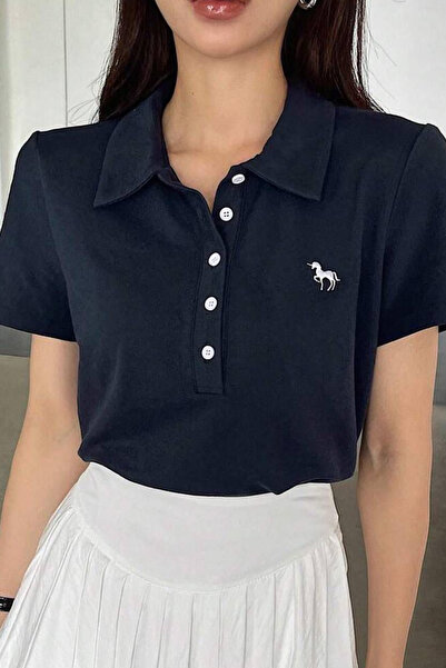 İlayda Toprak Unıcorn Lacivert Tek Boynuzlu At Baskılı Polo Yaka Düğmeli Uzun...