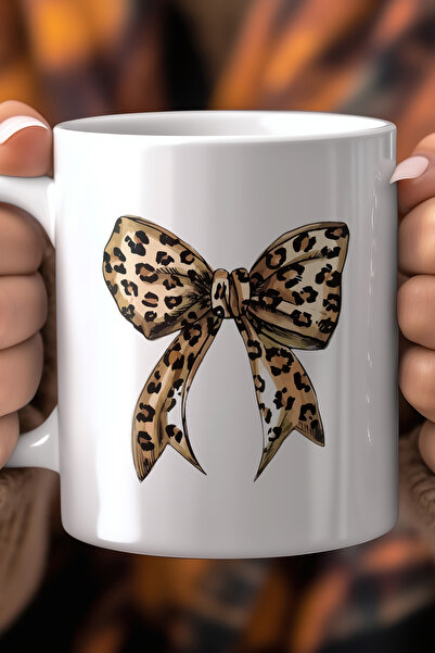 YasBey DESIGN Leopar Fiyonk Desenli 330ml Baskılı Beyaz Seramik Kupa Bardak
