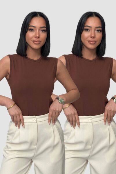 Lunamiratto Women's Cotton 2-Pack Bitter Brown Crew Neck Sleeveless Bodysuit ...