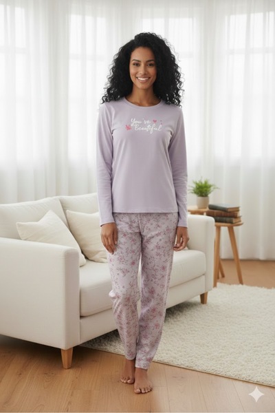 FAMES PİJAMA Costum de pijama de vară din viscoză, liliac, cu mânecă lungă, m...