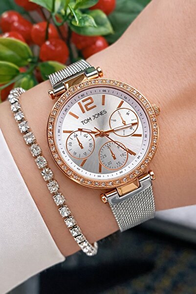 Tom Jones Rose Bicolor Hasır Çelik Kordon Taşlı Kadın Kol Saati+Bileklik Hediye