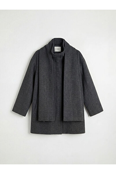 LC Waikiki Mock Neck Women's Cashmere Coat with Black Scarf