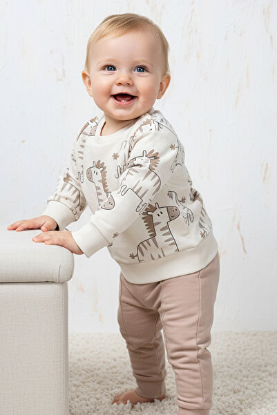 Rocha Baby Rocha Bebek Ekru Kahve Zebra Baskılı 2'li Takım - İnterlok Pamuklu...