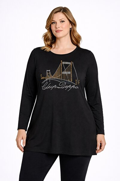 Şans Women's Plus Size Black, Stone Printed Viscose Long Sleeve Blouse 65N39350