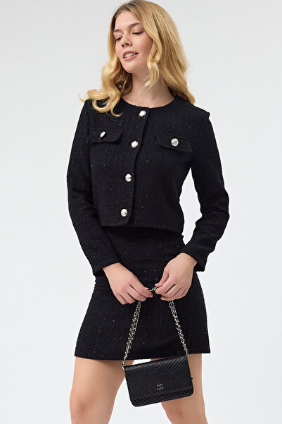 Laranor Black Glitter Knitted Fabric Gold Buttoned Classic Cut Short Jacket C...