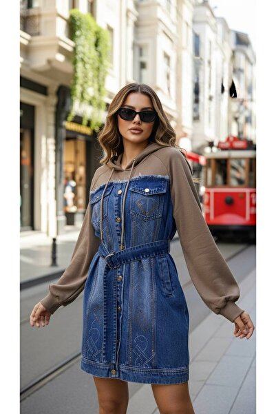 RED WOMAN FASHİON Denim Detailed Hooded Dress