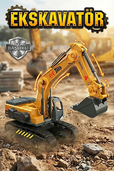 craftivio Metal Başlıklı Oyuncak Ekskavatör - Hareketli Kepçe İş Makinesi 26 cm
