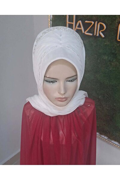 semahazırduvak Beyaz Simli Taşlı Aksesuarlı Model hazır türban hazır şal abiy...