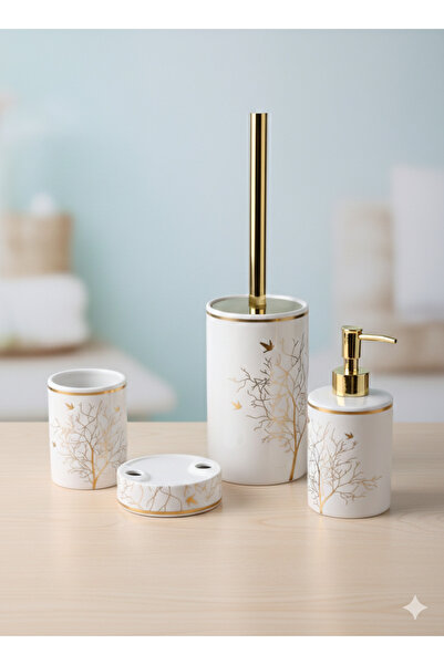 AAA Lüks Altın İşlemeli Seramik 4 Parça Banyo Seti - Beyaz/Gold