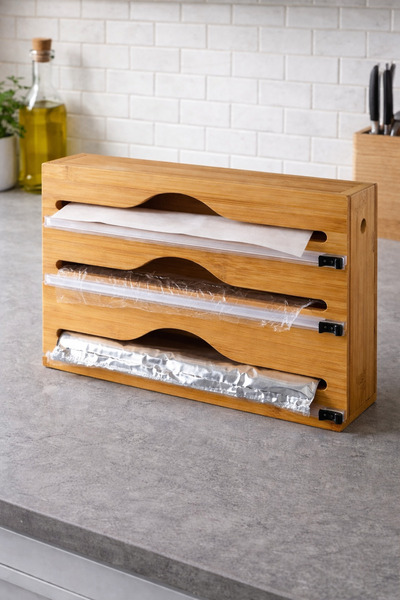 Mim Life Bamboo 3-Piece Stretch Film and Foil Cutter Organizer, Stretch Foil Box