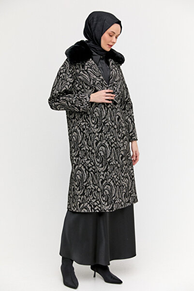 Setrms Desenli Simli Suni Kürk Detaylı Kruvaze Kaban