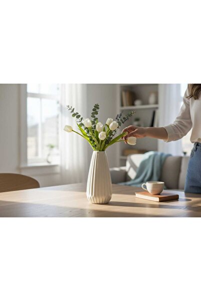 Carmen Seramik Tırtıklı Vazo - Krem 2