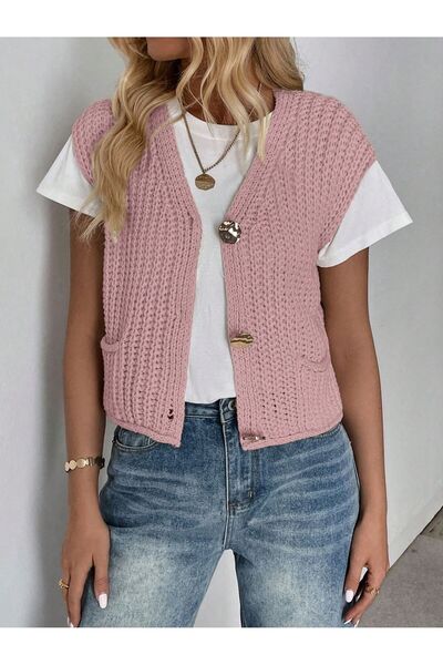 WE AND ME Women's V-Neck Buttoned Pocket Knitwear Vest