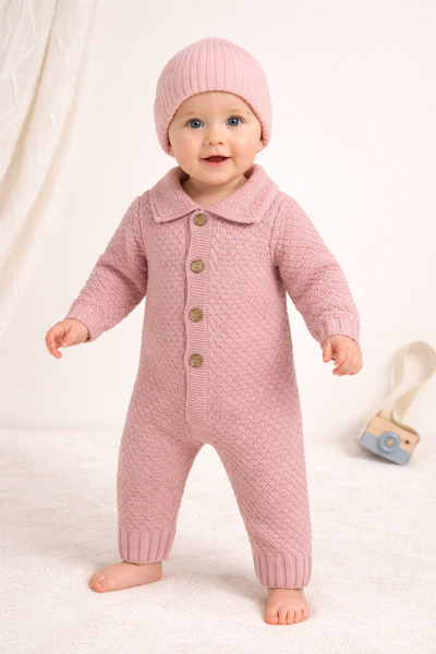 Nehad Bebe Kız Bebek Triko Tulum Düğmeli Yaka Detaylı Uzun Kollu Kışlık Bebek...