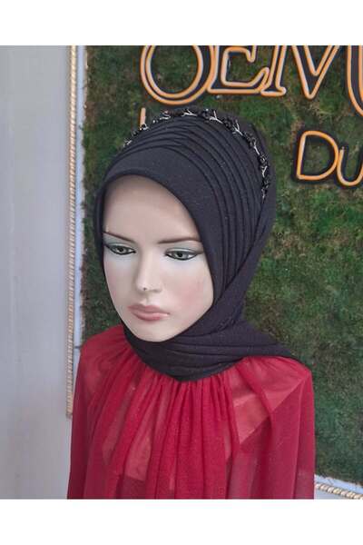 semahazırduvak Siyah Simli Aksesuarlı model hazır türban hazır şal abiye şal ...