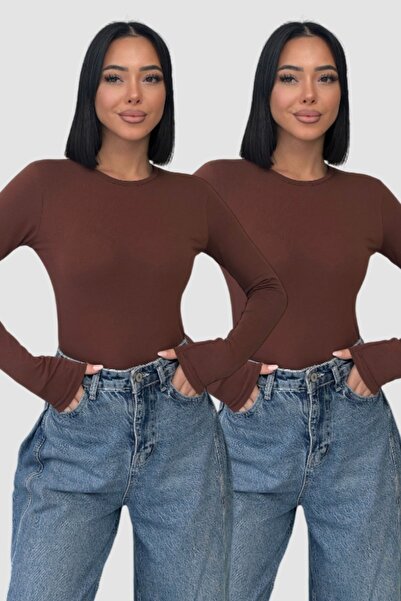 Lunamiratto Women's 2-Piece Long Sleeve Bodysuit Bitter Brown, Brown Crew Nec...