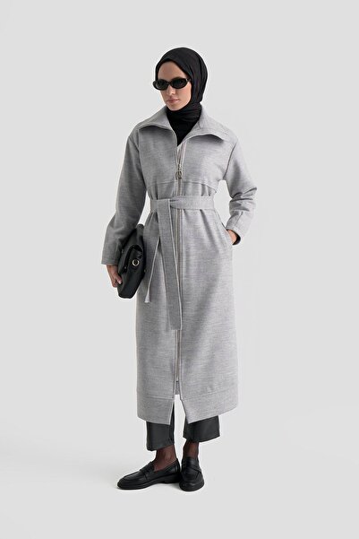 Armine TREND Belden Kuşaklı Astarlı Dik Yaka Pardösü Gri 25KT801