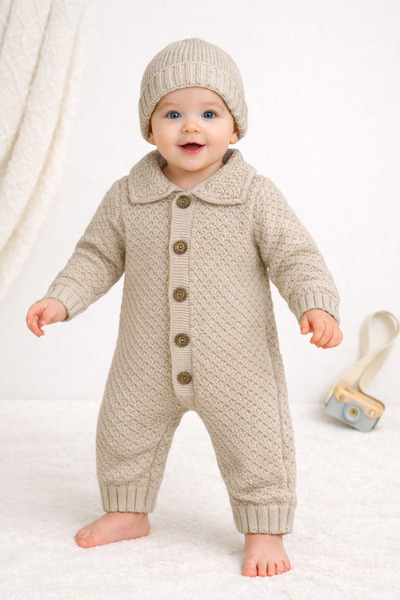 Nehad Bebe Triko Bebek Tulum Düğmeli Yaka Detaylı Uzun Kollu Unisex Kız Erkek...