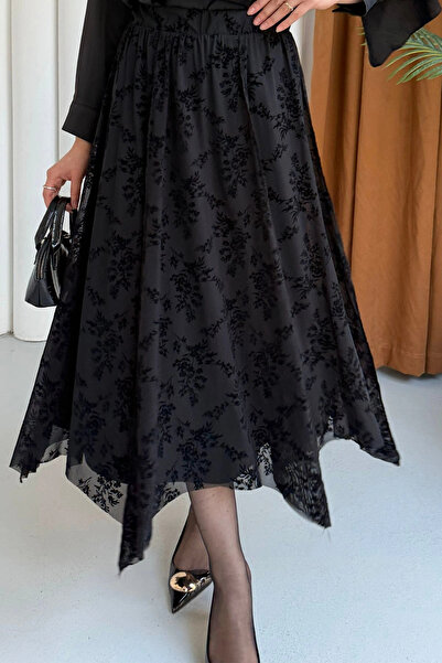 DEFNECE BUTİK Floral Embroidered Tulle Skirt - Black