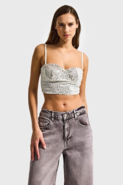 it's basic Дамски бюстие без презрамки в цвят екрю със сребърни детайли от мъ...