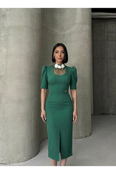 ALFUDO Moda Collection Collar Flower Detail Watermelon Sleeve Midi Graduation...