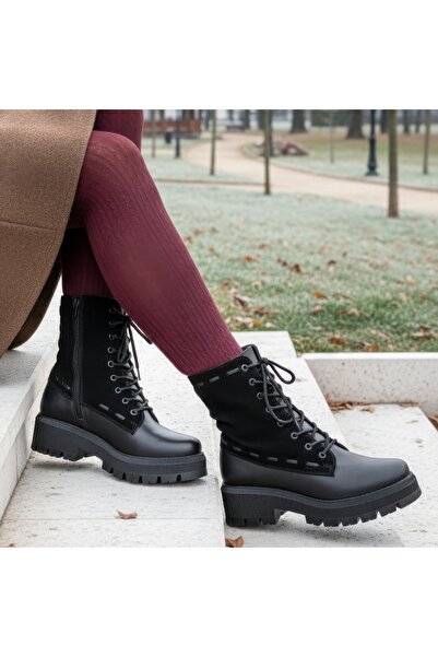 Modlet.ro Ghete negre pentru femei din piele naturală cu șireturi și fermoar ...